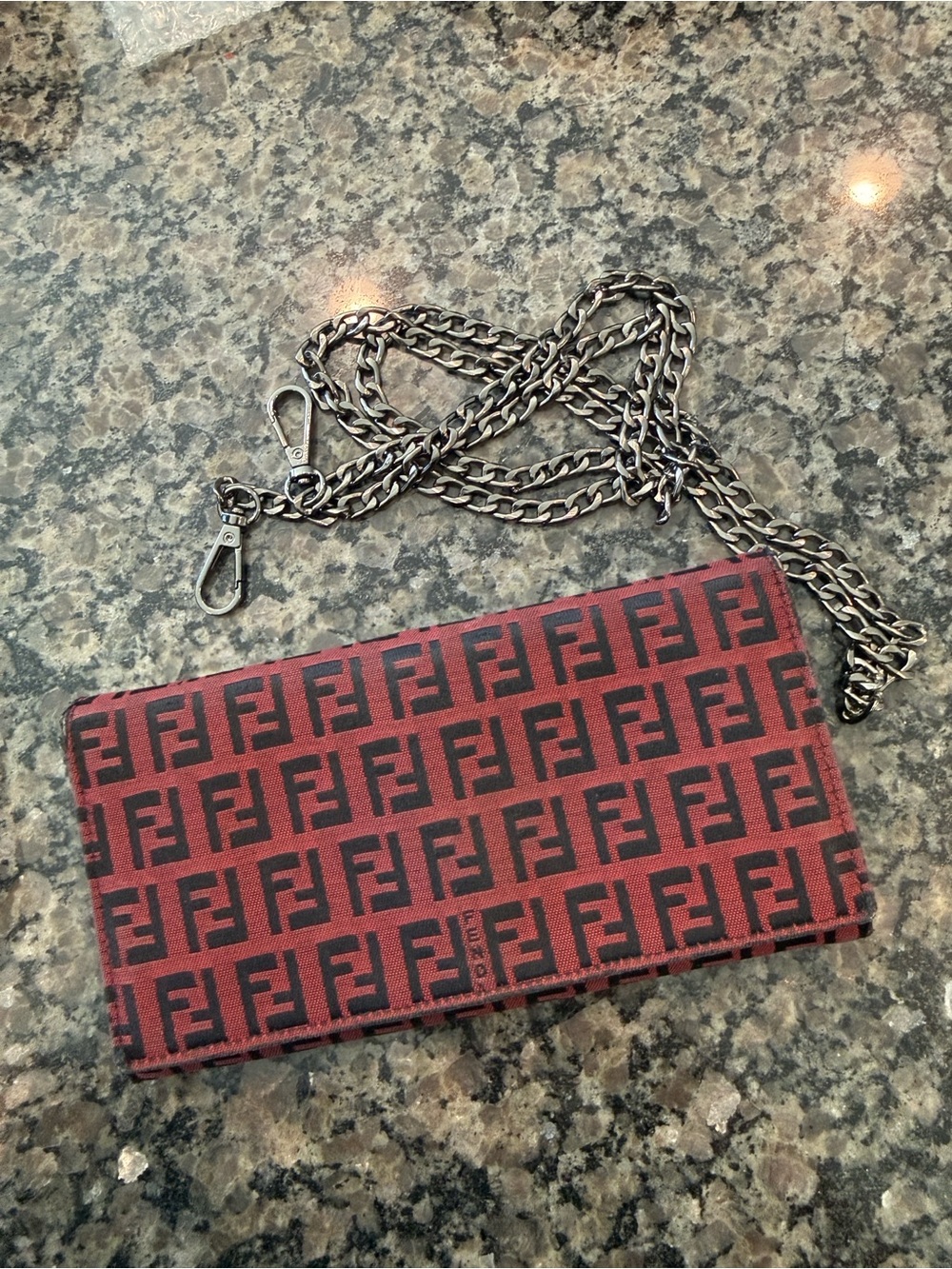 Fendi Red and Black Zucca Logo Chain Wallet